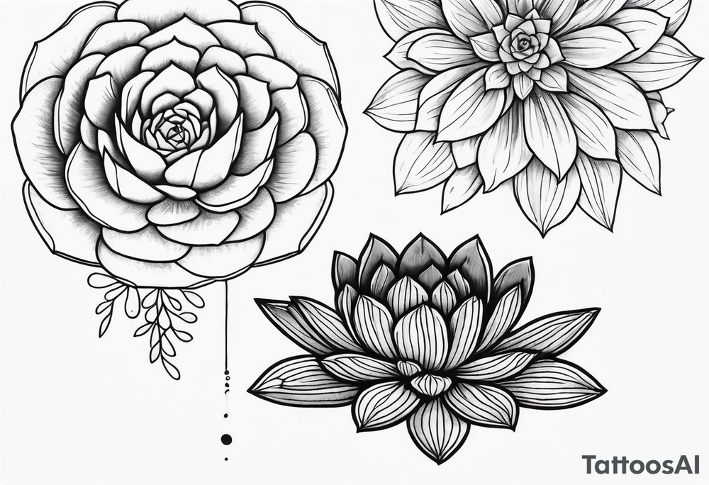 fine line. one big succulent in the middle. Two smaller succulents on each side. Dots and floral
. Sternum tattoo grey scale shading tattoo idea