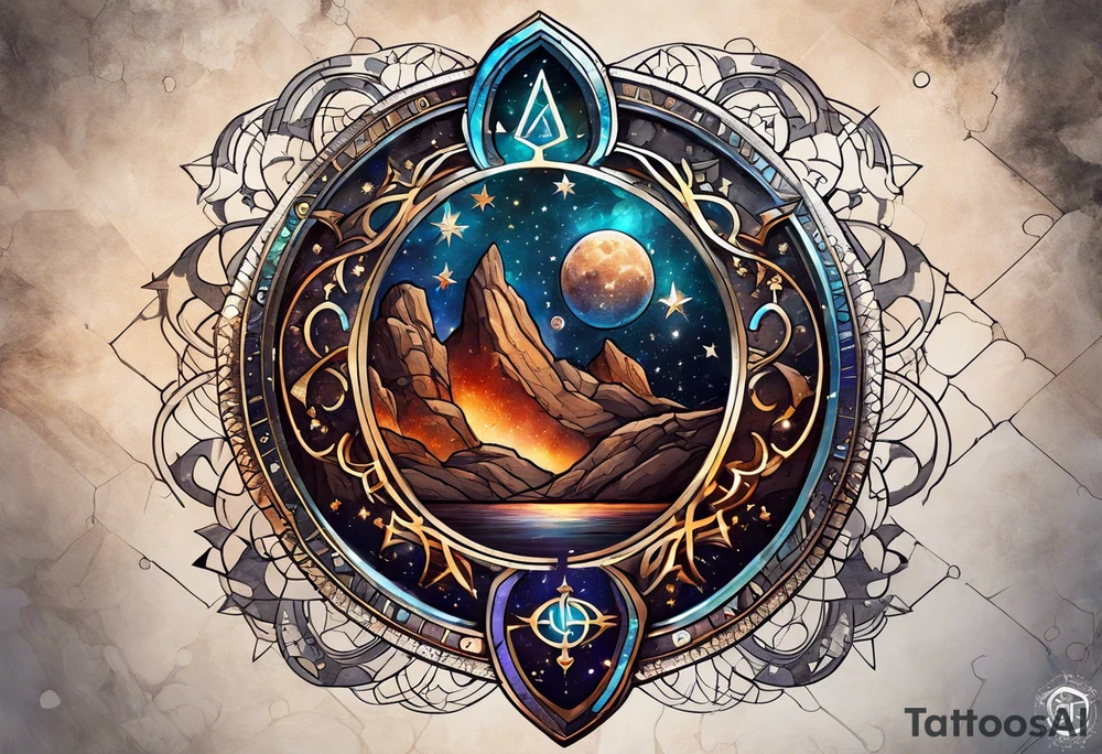 Matter, energy, space and time with an old stone theta symbol with stars in the background and Scorpio constellation tattoo idea