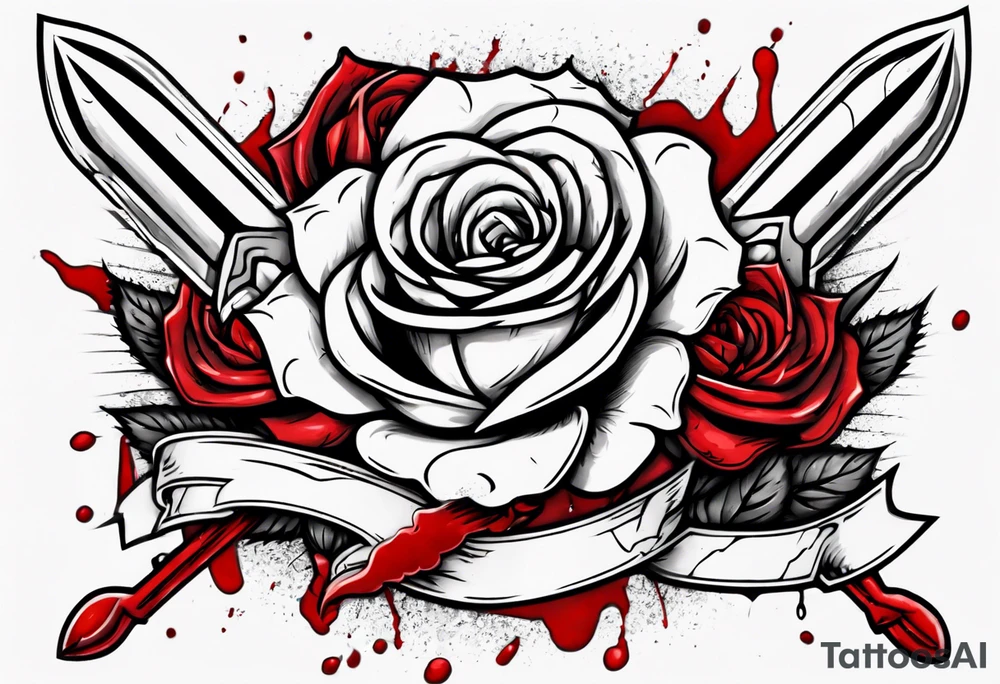 dagger cutting through a rose with blood sprayed around tattoo idea