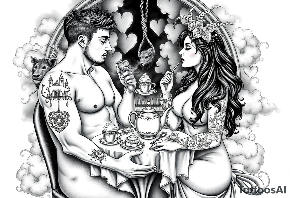 Mystical Naked Man and woman having sex eating cupcakes and  fruit  having sex clouds gothic sexy naked fat lady having a tea party with tea pot with fancy castle  
with a pigs, peacock,  lion, goat, noose and smoking cigerettes looking in the mirror thru storm clouds and broken hearts and darkness and wrath, envy , gluttony, greed, sloth, pride . Gothic tattoo idea