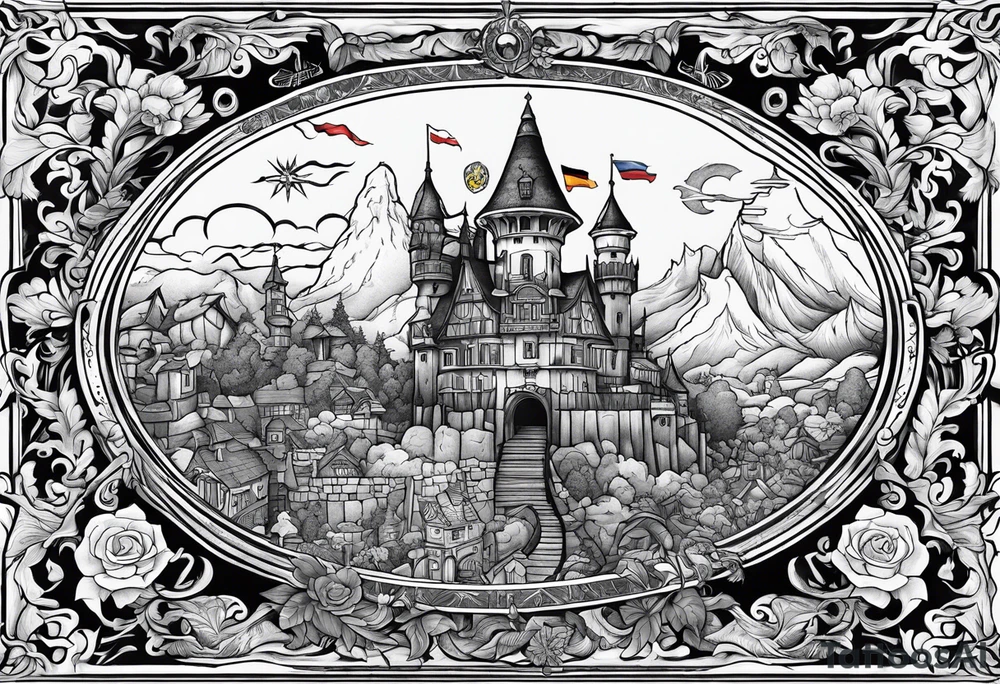 the phrase "why not now?" encased in the flag of Germany and north Carolina surrounded by characters from Howel's moving castle, Zelda, Final Fantasy 8 tattoo idea