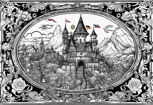 the phrase "why not now?" encased in the flag of Germany and north Carolina surrounded by characters from Howel's moving castle, Zelda, Final Fantasy 8 tattoo idea