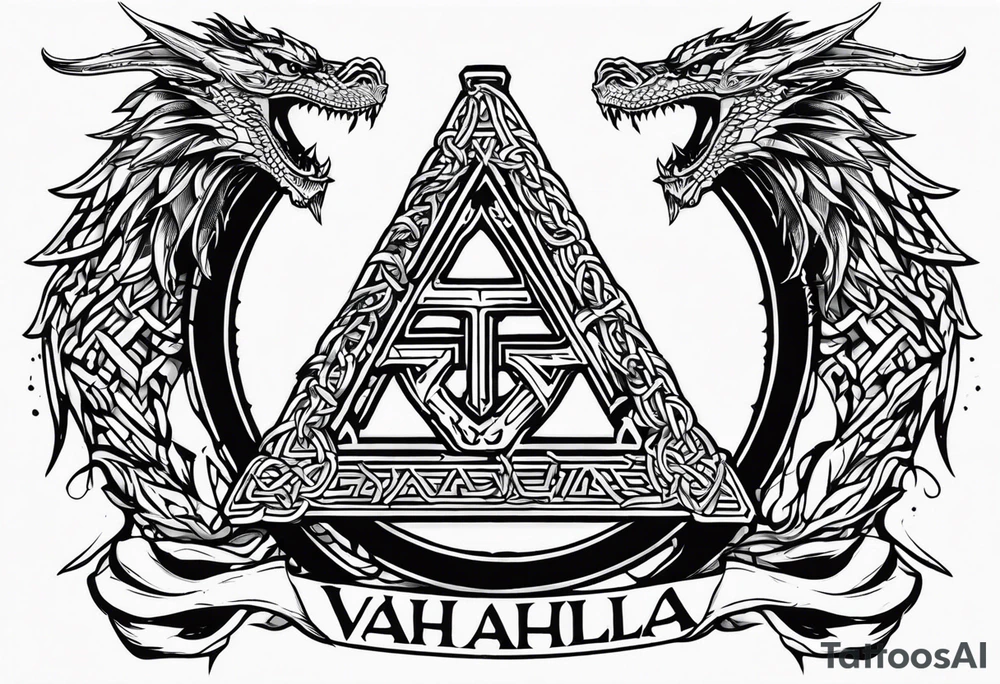 Valhalla sword shield dragon axe Valknut barbed wire chains fire tattoo idea Valhalla sword shield dragon axe Valknut barbed wire chains fire tattoo idea