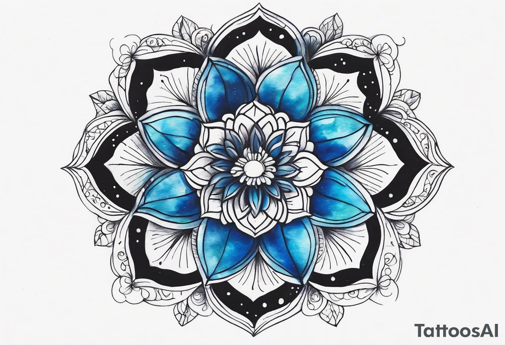 I want the outside black like the space and the galaxy blue different shades  Galaxy spyral tattoo the ones that look like an s shape because they are spinning so fast I want it in all blue but different shades of blue and it will be on my ass cheek so make it cute and conples and very aesthetic NOT a flower or women tattoo idea