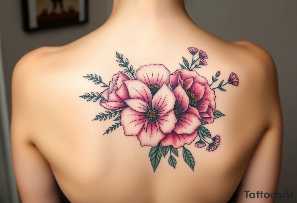 3d realistic Bouquet Carnation rose lily luster and aster flower tattoo idea