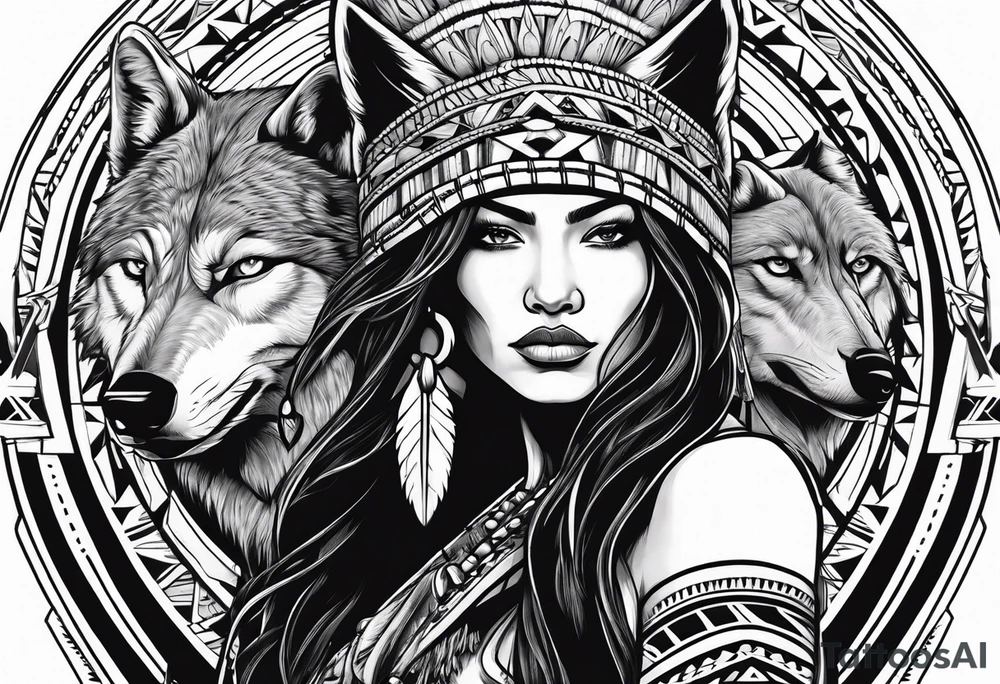 Female Native American warrior with wolf head hat tattoo idea