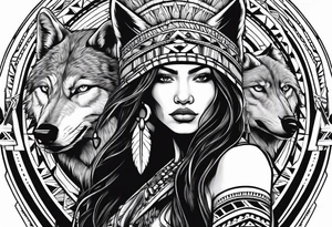 Female Native American warrior with wolf head hat tattoo idea