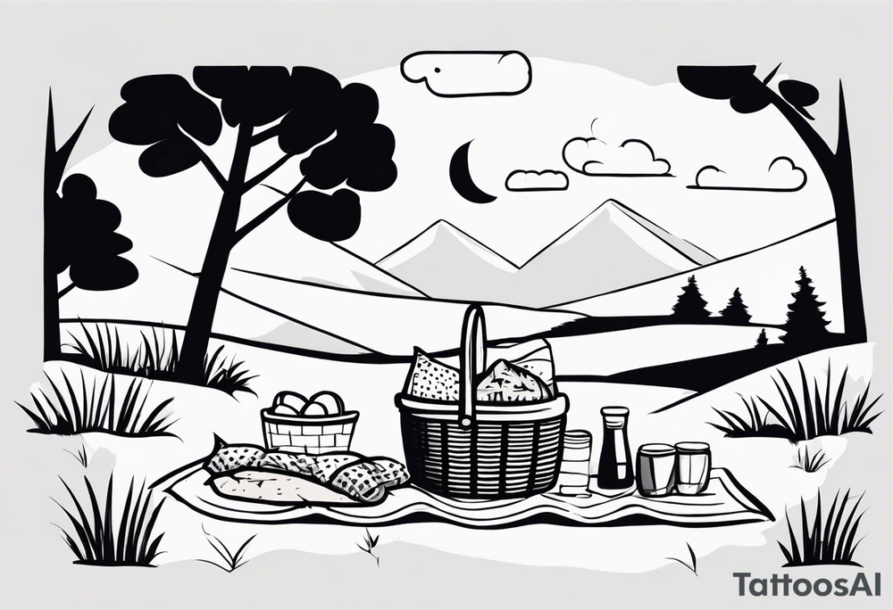 picnic scene in nature with a shecker blanket, a picnic basket and pillows. no food tattoo idea