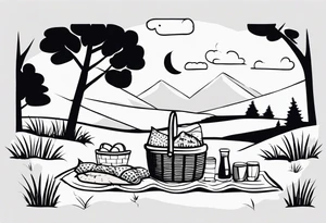 picnic scene in nature with a shecker blanket, a picnic basket and pillows. no food tattoo idea