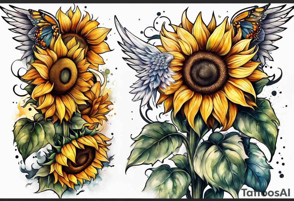Sunflowers and angel wings leg sleeve tattoo idea
