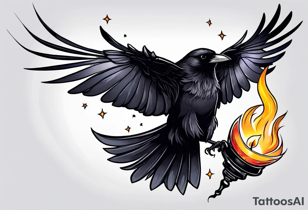 Crow with a candle mid flight with the crescent moon in the background tattoo idea