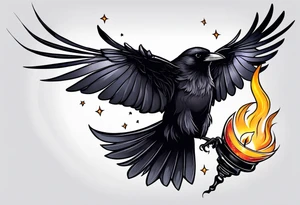 Crow with a candle mid flight with the crescent moon in the background tattoo idea