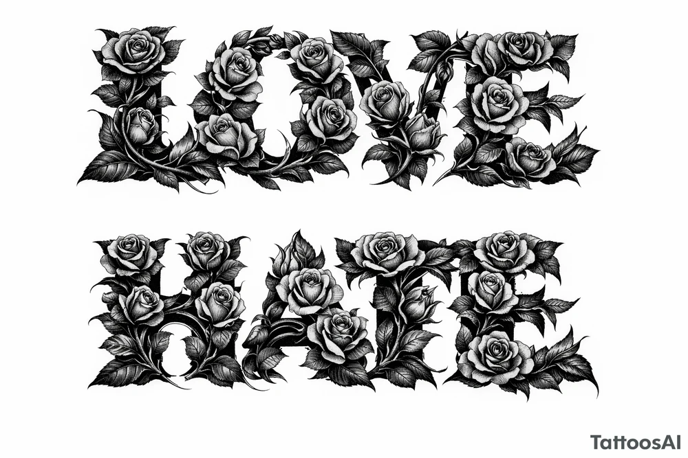 Blooming roses forming the letters of love/hate
delicate script.to much tattoo idea