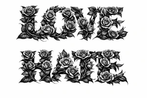 Blooming roses forming the letters of love/hate
delicate script.to much tattoo idea