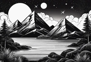 Two triangles, one triangle has the a mountain landscape during the night and the other one has beach sunset landscape. tattoo idea