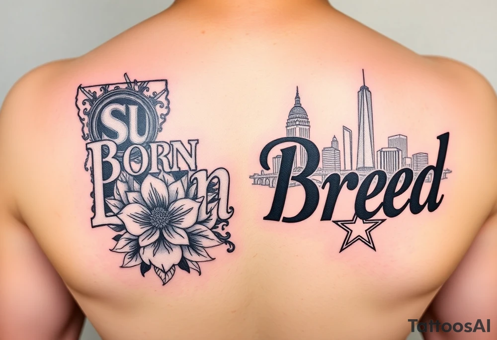 Calf sleeve, black and grey ink. The word “ “Born” outlined boldly on one side and “Bred” outlined boldly on the other side. 
The side with “Born” surrounded by Louisiana artifacts such as LSU logo, SU logo, a detailed magnolia flower, and Mississippi River bridge in the backdrop. 
On the side with the word Bred, Dallas skyline in the background with a Dallas cowboys star somewhere as well as a Pegasus logo. tattoo idea