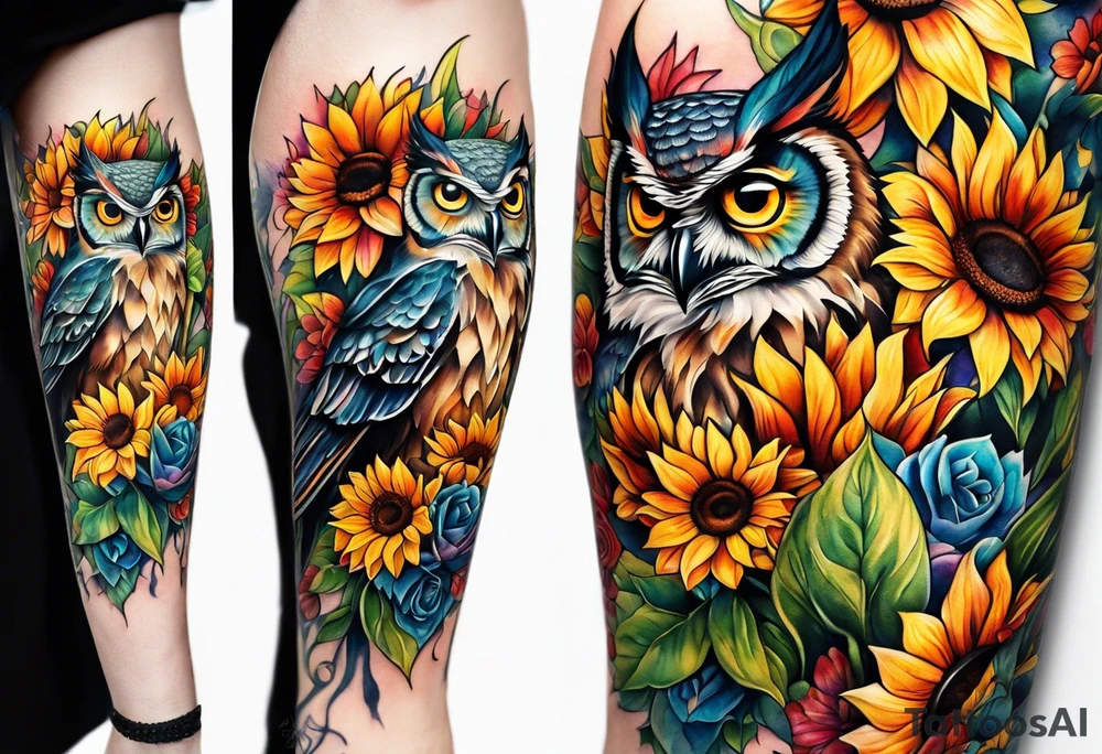 Leg sleeve with colorful sunflowers and an owl tattoo idea