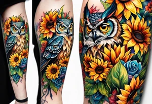 Leg sleeve with colorful sunflowers and an owl tattoo idea