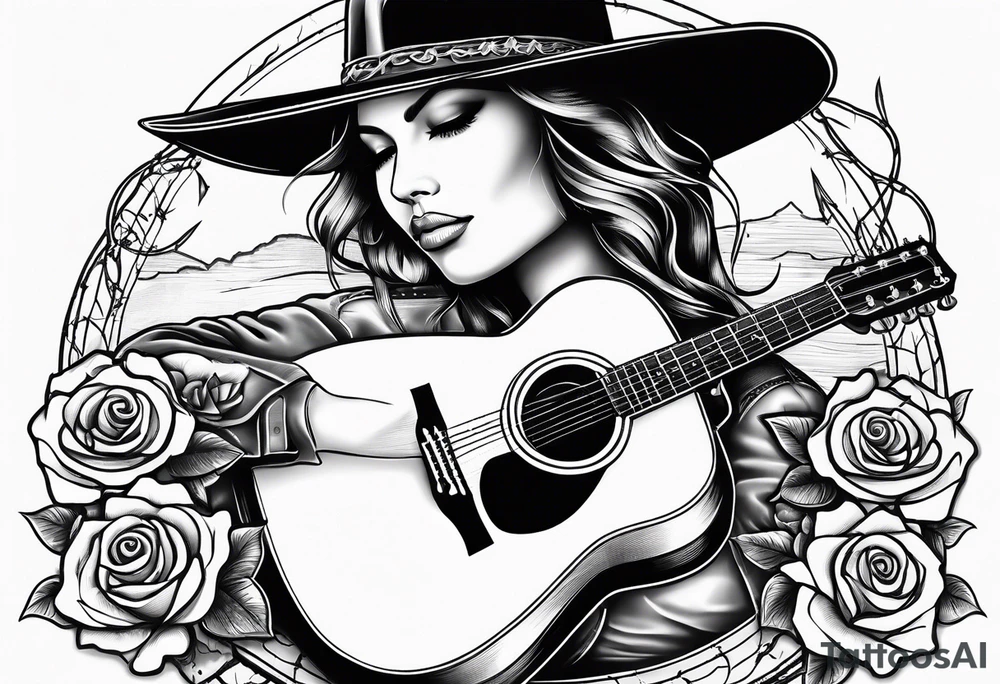 Country acoustic guitar with cowboy hat, barbed wire and roses in background tattoo idea