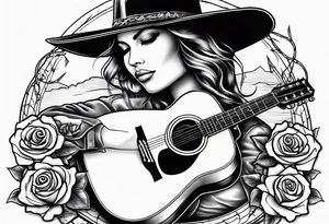 Country acoustic guitar with cowboy hat, barbed wire and roses in background tattoo idea