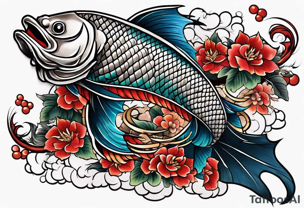 Japanese carp skin with dragon and Japanese word tattoo idea