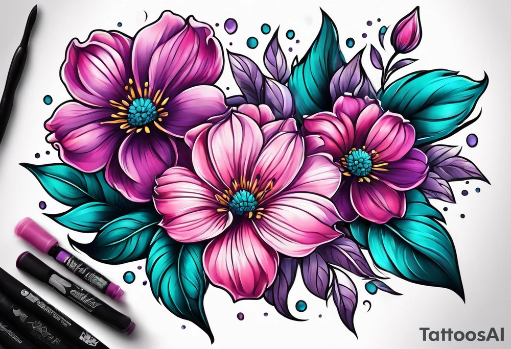 Pink purple flowers with teal leaves tattoo idea