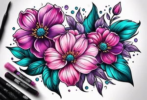 Pink purple flowers with teal leaves tattoo idea