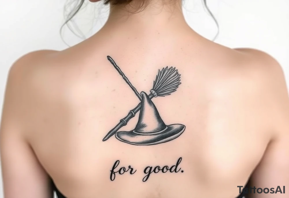 Wicked theme with a wand & broom crossing each other, then a witch hat. Then the lettering “for good” tattoo idea