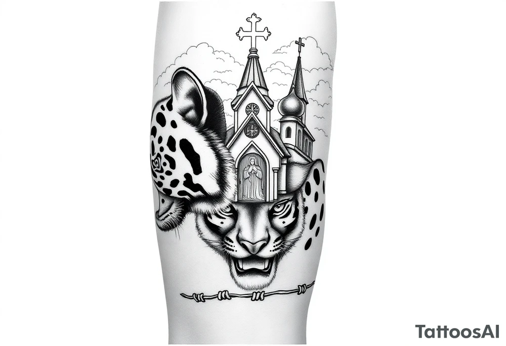 Mean looking tiger on the hand with barb wire at the bottom and then above the tiger do a traditional Russian Orthodox Church with the orthodox traditional cross as the spire in clouds then Virgin Mary above overlooking with hands together on heart tattoo idea