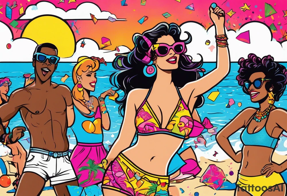 1980's miami vice style beach dance 
party, include confetti, music notes, boom box, bikinis sunset in the center tattoo idea