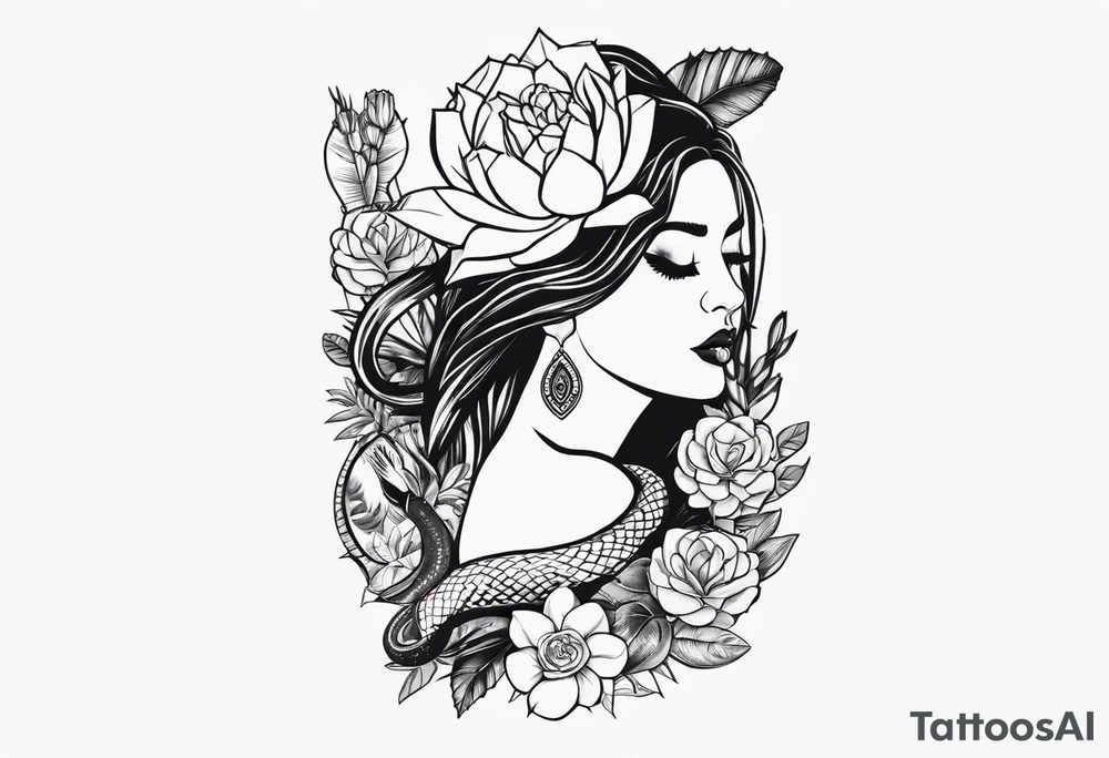 womens western sticker tattoo arm sleeve with playing cards, snakes, and cactuses with flowers in the background tattoo idea