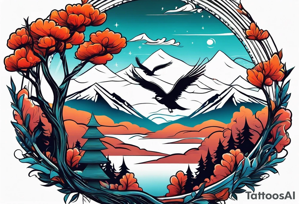 A mountain scape with trees. 5 silhouettes of birds. tattoo idea