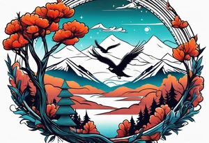 A mountain scape with trees. 5 silhouettes of birds. tattoo idea