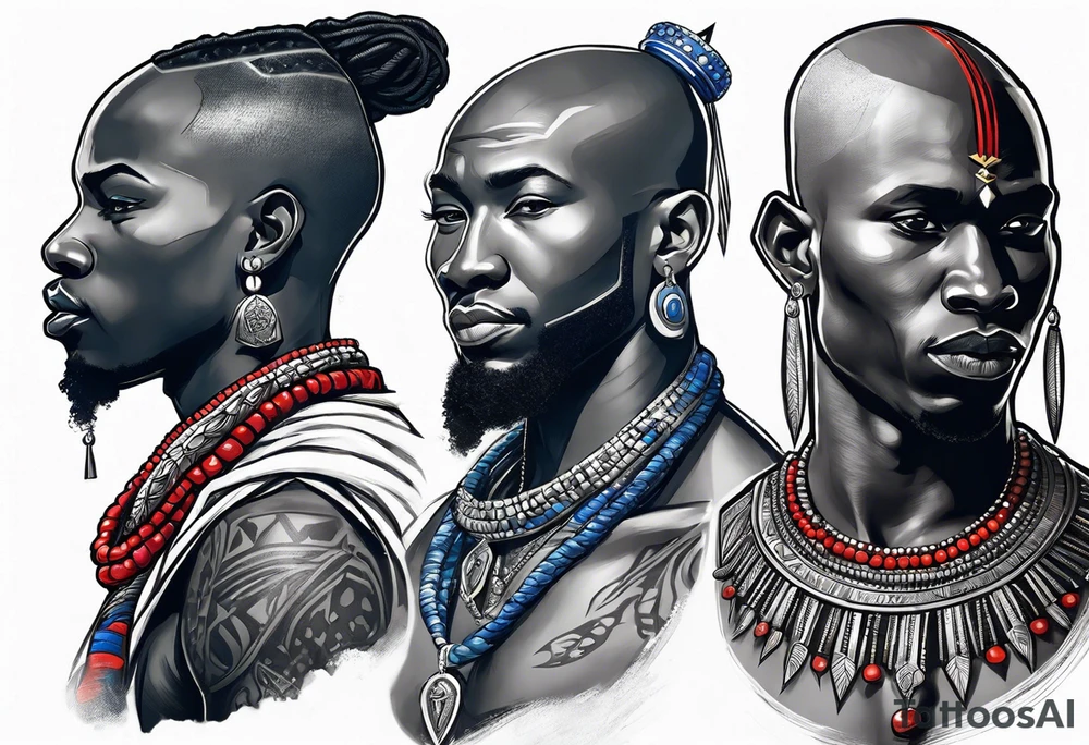 Black-skinned bald african warrior. He wears a simple and small silver crown. He uses blue and red necklaces tattoo idea