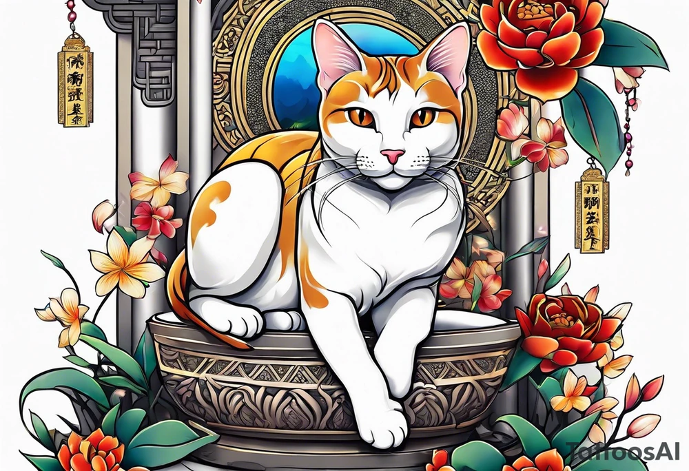 Cat on top of budha playing with a mice tattoo idea
