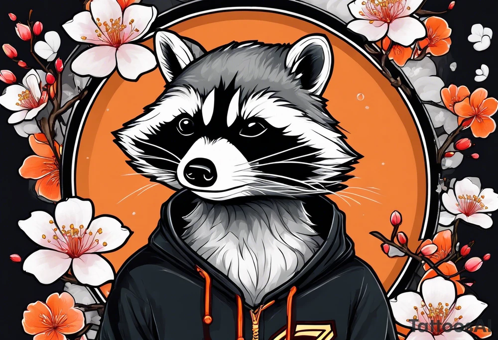 Raccoon wearing a white Superman logo on a black hoodie and orange Japanese cherry blossoms beside tattoo idea