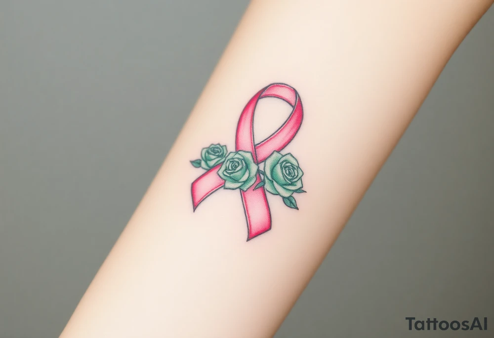 Pretty pink Cancer ribbon that says "fuck cancer"with 3 light green 
roses tattoo idea