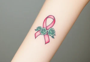 Pretty pink Cancer ribbon that says "fuck cancer"with 3 light green 
roses tattoo idea