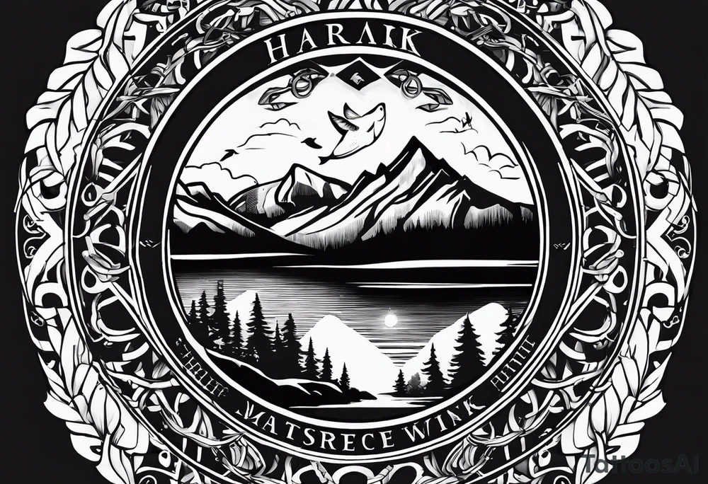 The word "HARK" as a banner with a mountain, a carabiner, compass, and a lake and pontoon in a circular design tattoo idea