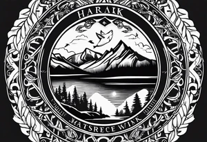 The word "HARK" as a banner with a mountain, a carabiner, compass, and a lake and pontoon in a circular design tattoo idea