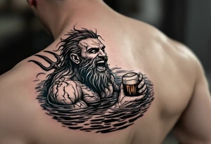 laughing poseidon in calm water, holding a trident, holding a beer tattoo idea