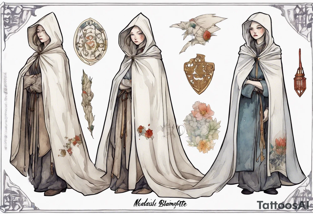 medieval Cate Blanchette dressed in white cloak, sad tattoo idea