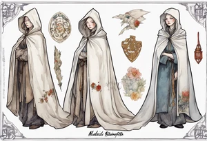 medieval Cate Blanchette dressed in white cloak, sad tattoo idea