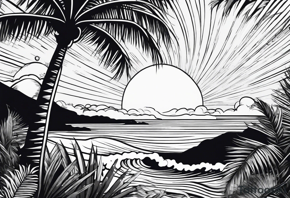 travel theme with sunshine, palm tree, waves tattoo idea