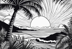 travel theme with sunshine, palm tree, waves tattoo idea