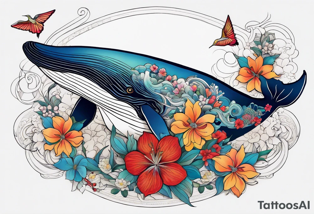 Surreal, whale, hummingbird, lady face, flowers, bold color, collage tattoo idea