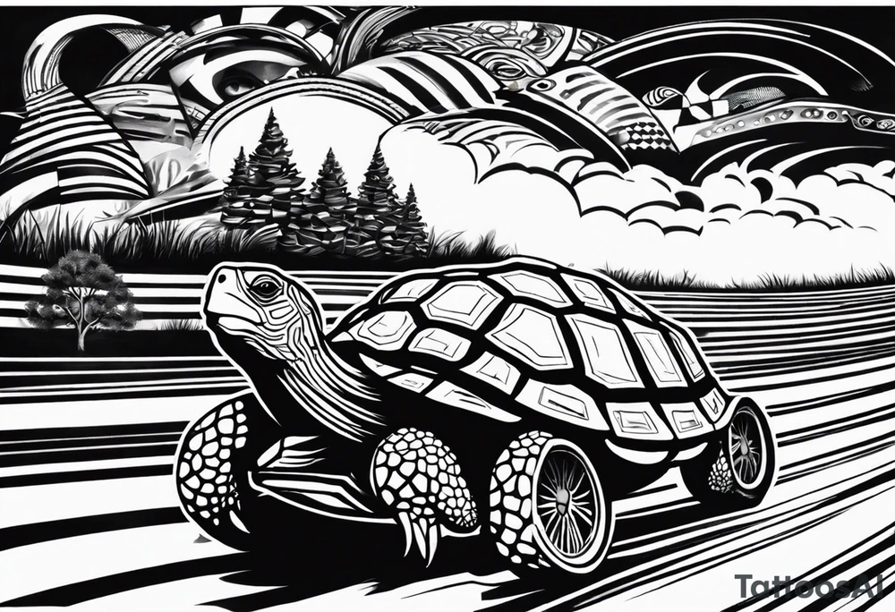 create a tatoo style image if the tortoise winning the face on a race track passing the hair on the tree. make the tortoise passing through the finsh line while raceway flags air flaring in the air at the finish line. make this tatoo style tattoo idea
