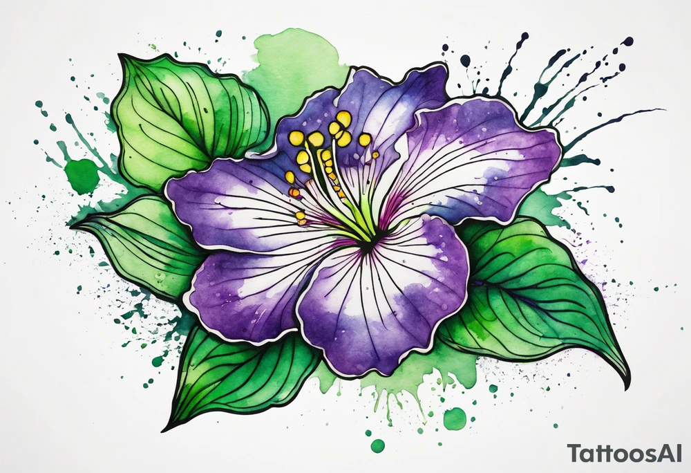 An outline of an only green rio dipladenia flower and a green and purple watercolor splash in the background tattoo idea