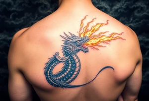 fierce dragon breathing iridescent fire against stormy skies tattoo idea