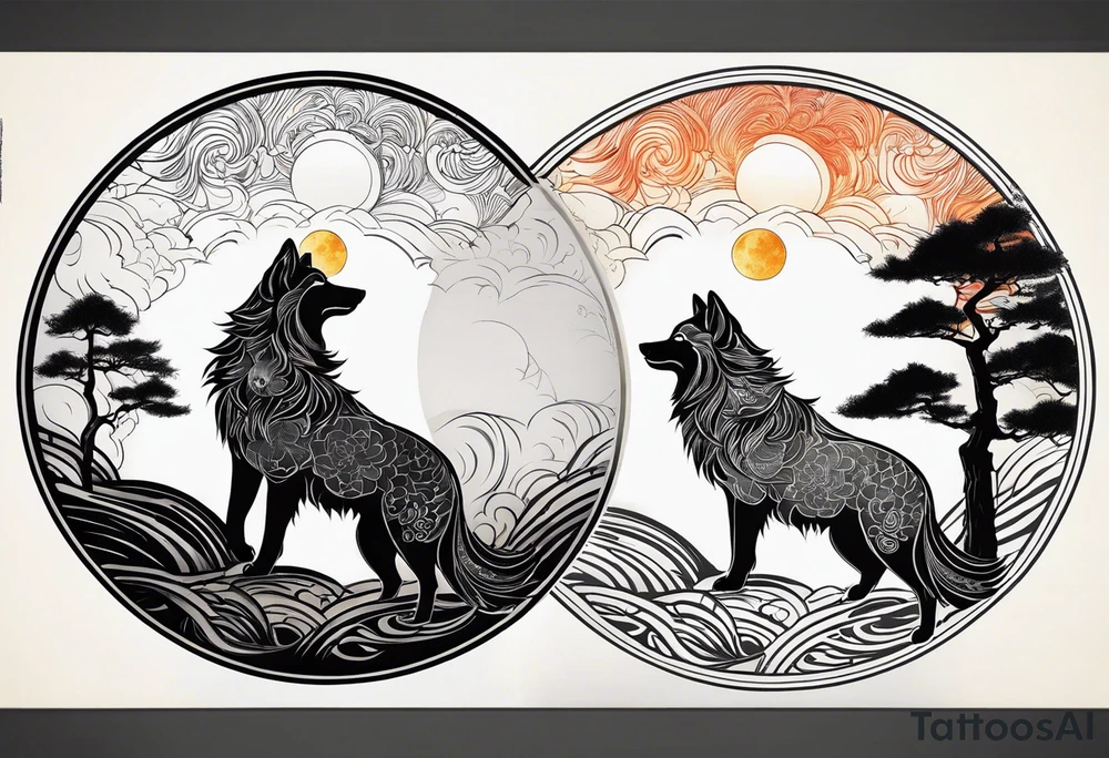 Two wolves—Sköll and Hati—one chasing the sun and the other chasing the moon. You could position them on opposite sides of a circular design with the sun rising and the moon setting at the top and bottom. tattoo idea
